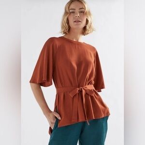 Eci Burnt Orange Tie Waist 3/4 sleeve long silky blouse size large
